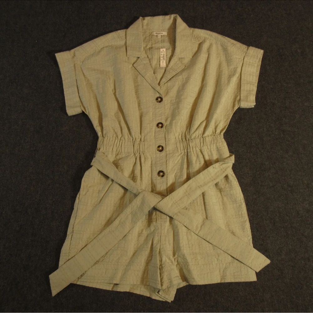 Madewell Women's Size M | V-Neck Button-Down Romper | Green Seersucker